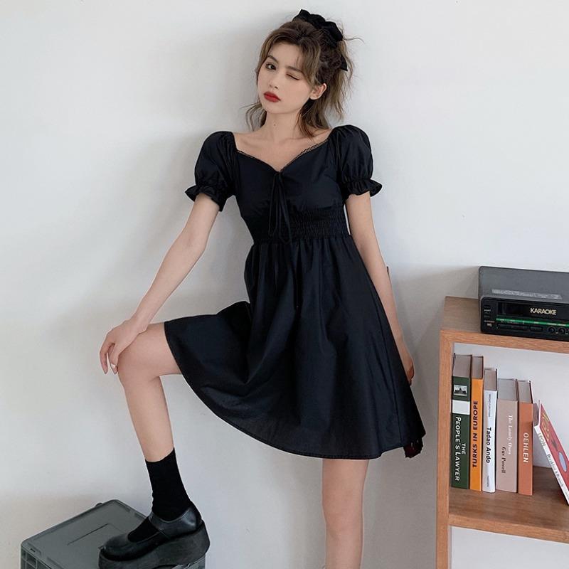 Francuska Czarna Sukienka W Stylu retro Prosta Sukienka Z Bufiastymi  Rękawami Z Dekoltem W Szpic | Shopee Polska