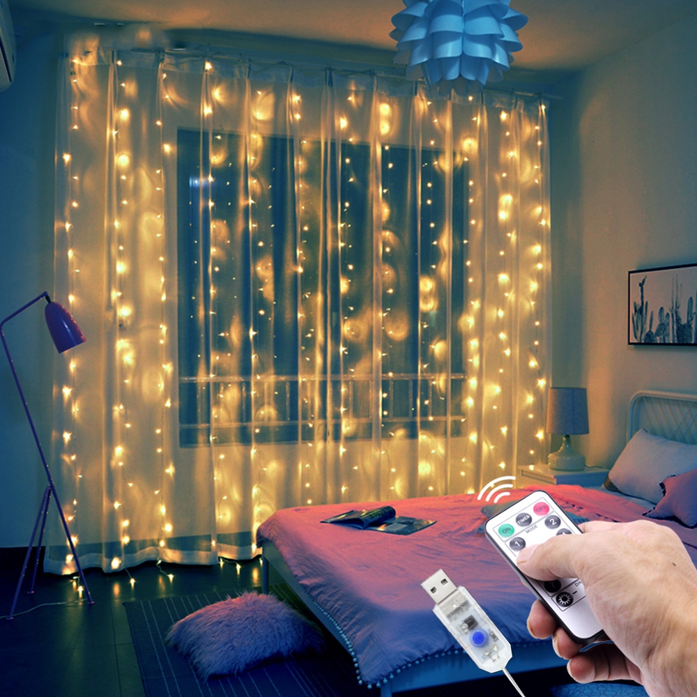 Window Curtain String Light 300 Led 8 Lighting Modes Copper Wire Fairy