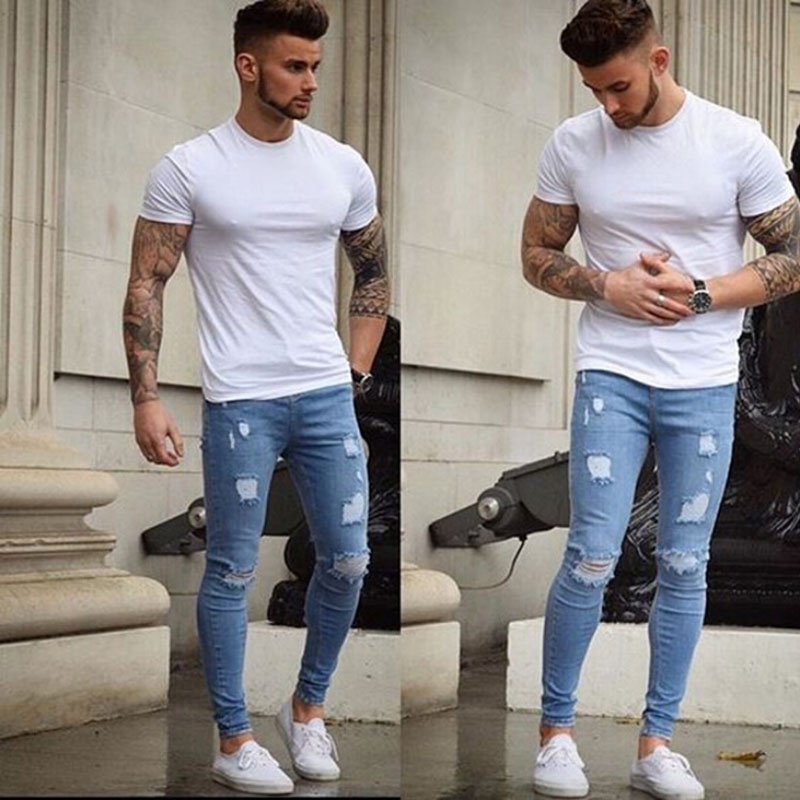 Morning Parcel scrub Męskie proste spodnie jeansowe ZR, solidne, perforowane obcisłe spodnie z  kieszeniami | Shopee Polska