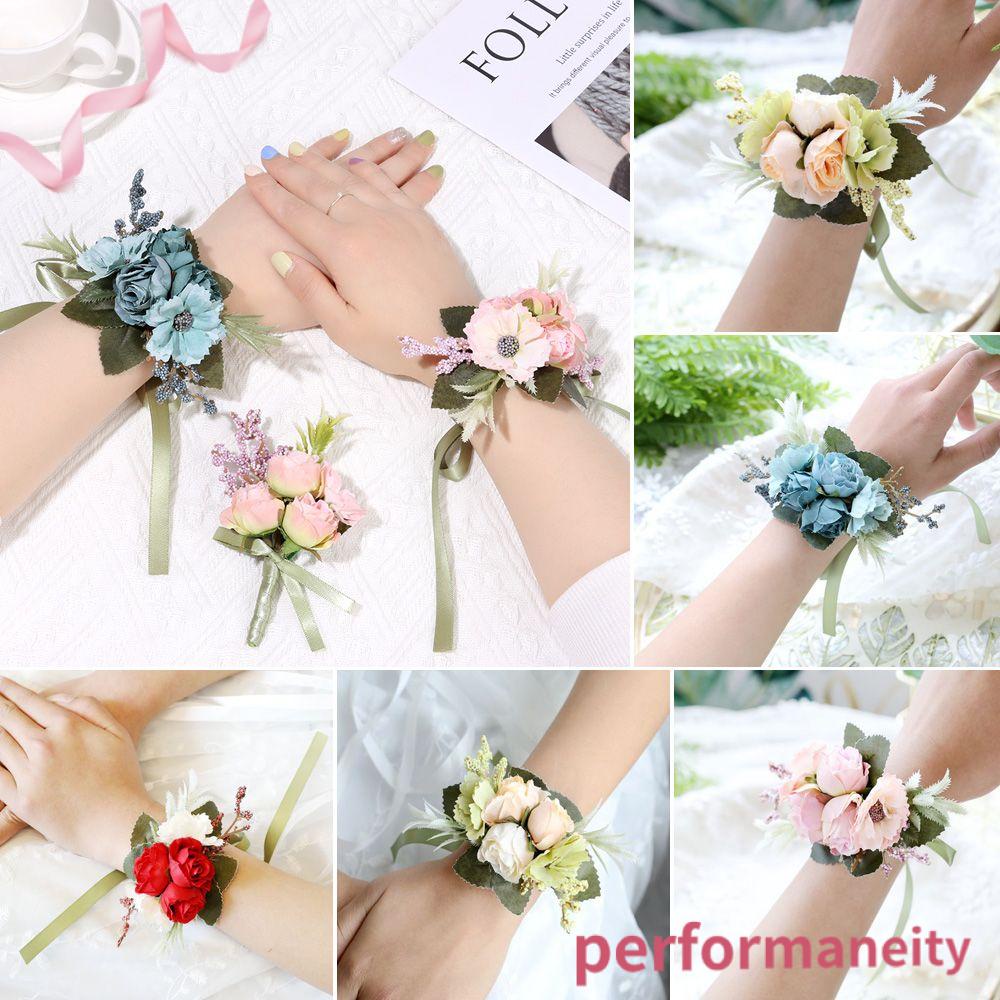 Wedding Artificial Bridal Wrist Pearls Beaded Corsage Hand Flowers Bracelets 
