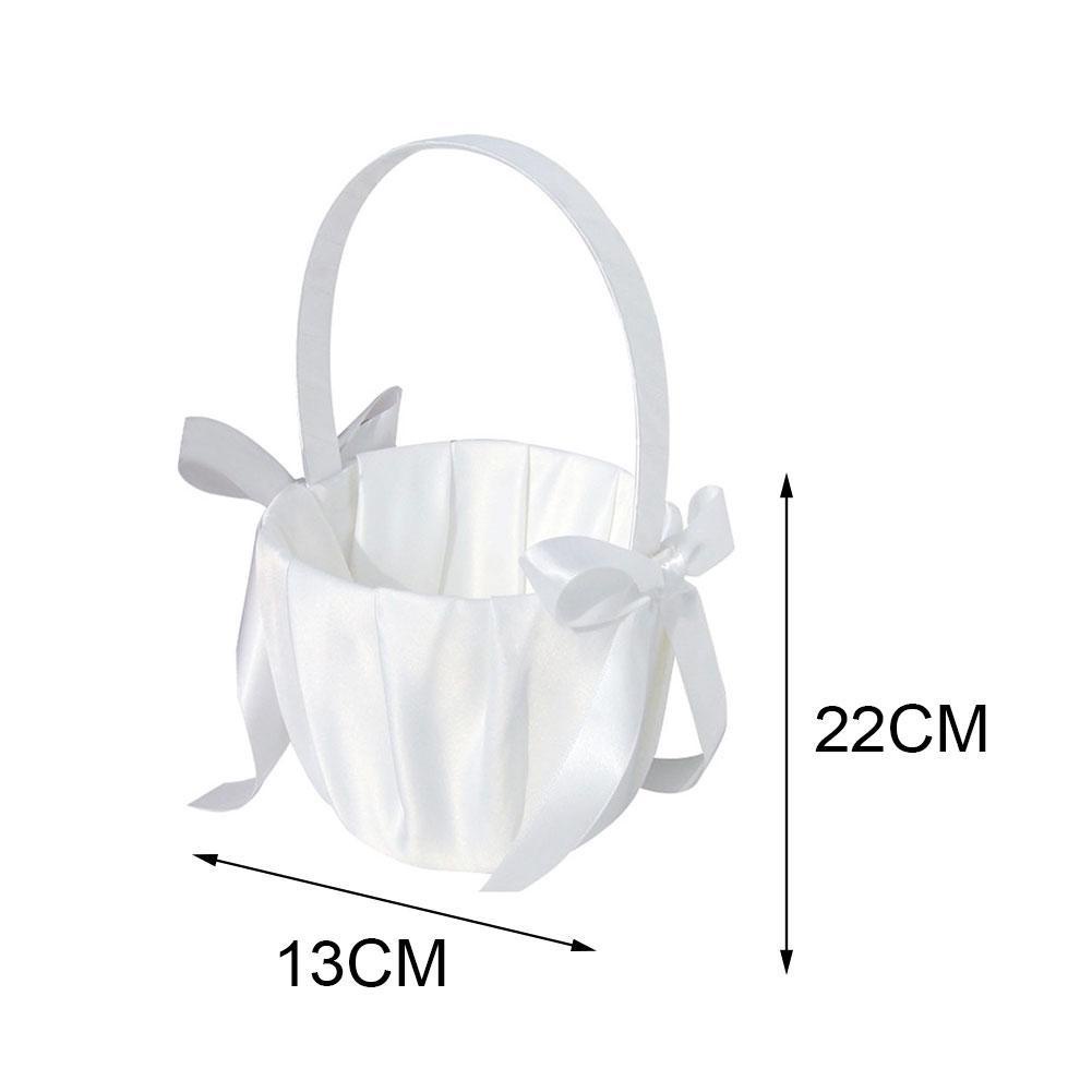 Bow-knot Satin Basket with Pearl White Ivory Bow Wedding Flower Girl Basket Ceremony Festive Party Love Case 