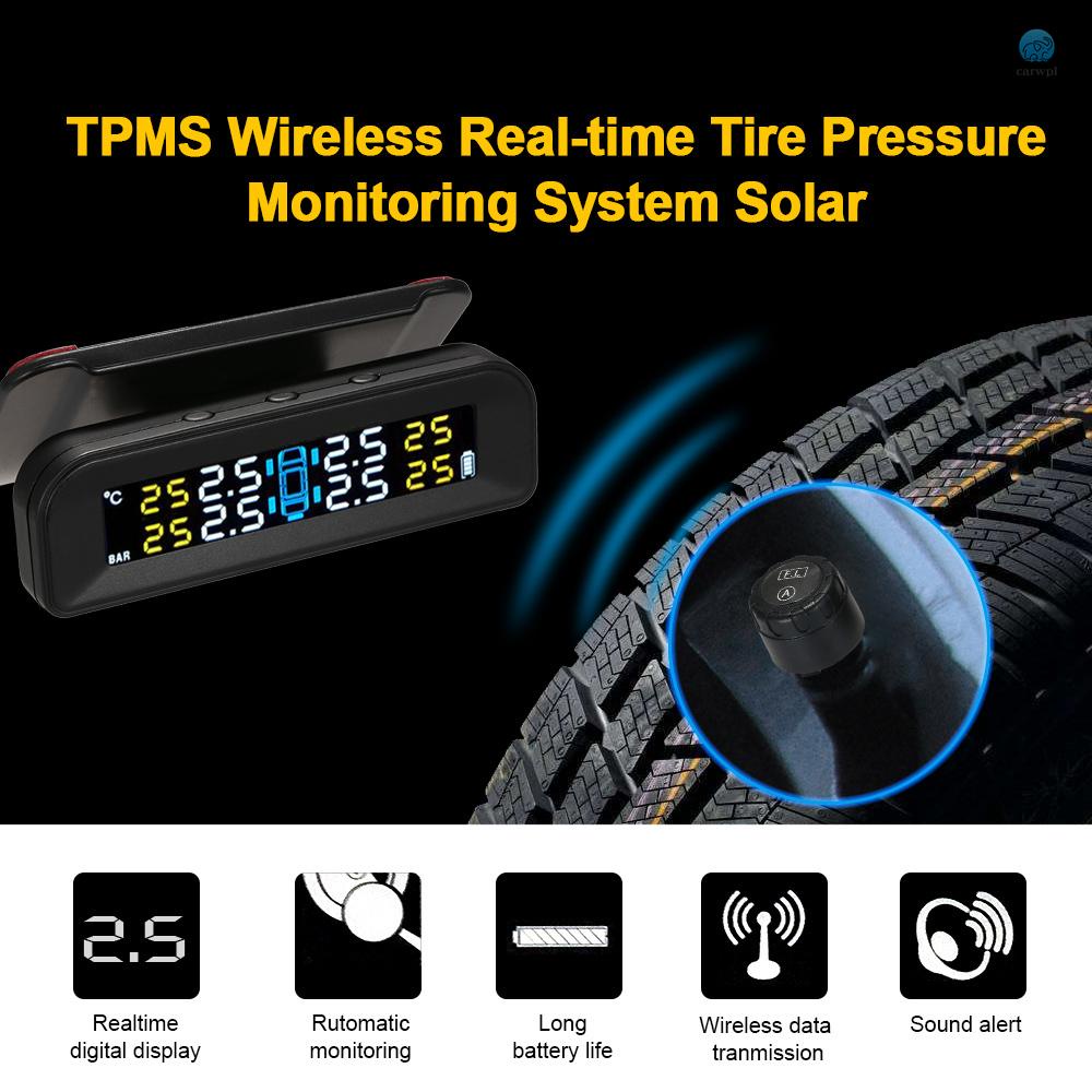 KKmoon TPMS Tire Pressure Monitoring System Wireless Real-time Solar Energy LCD Display 4 External Sensors Alarm Function 