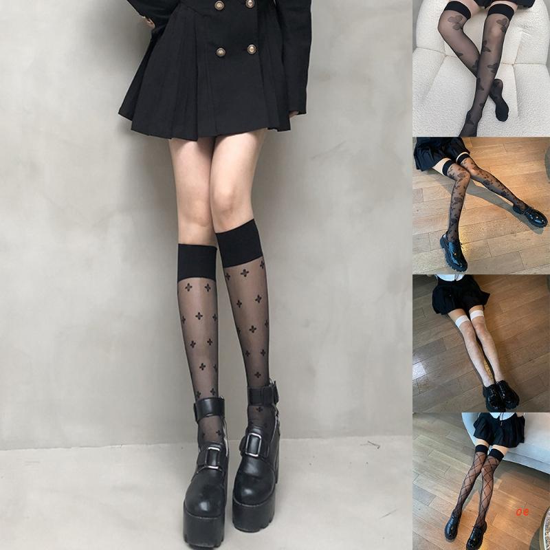 oe Japanese Women Lolita Thigh High Stockings Floral Plaid Butterfly