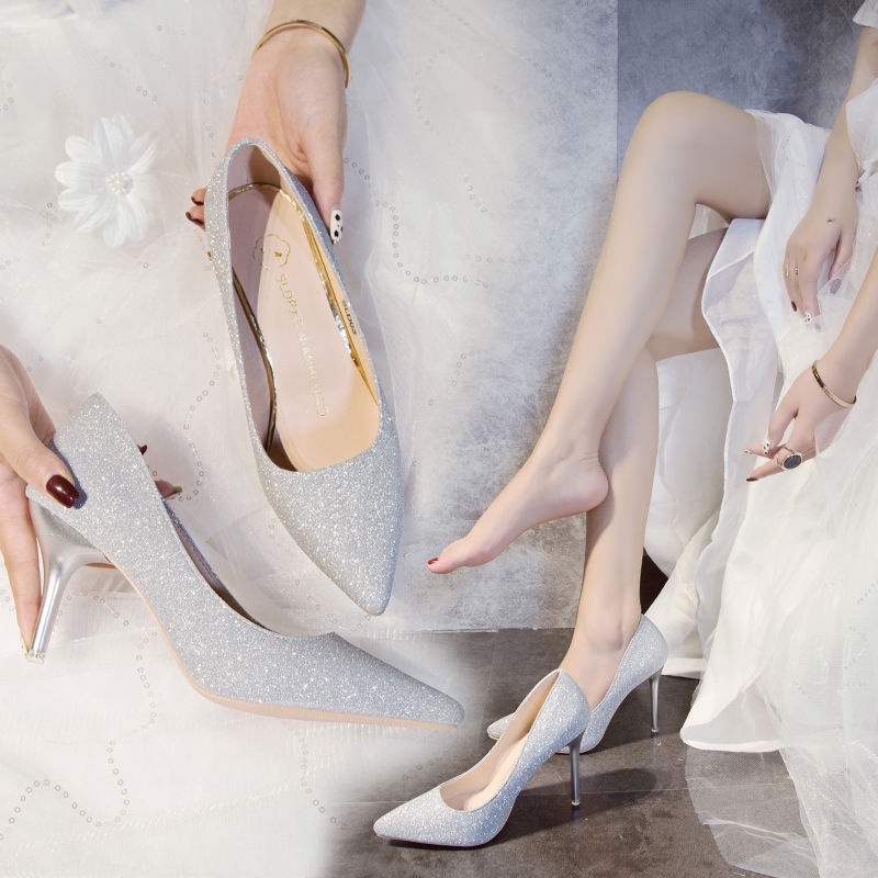 Buty ślubne kryształowe buty na wysokim obcasie damskie szpilki błyszczące  buty druhna buty bankietowe | Shopee Polska