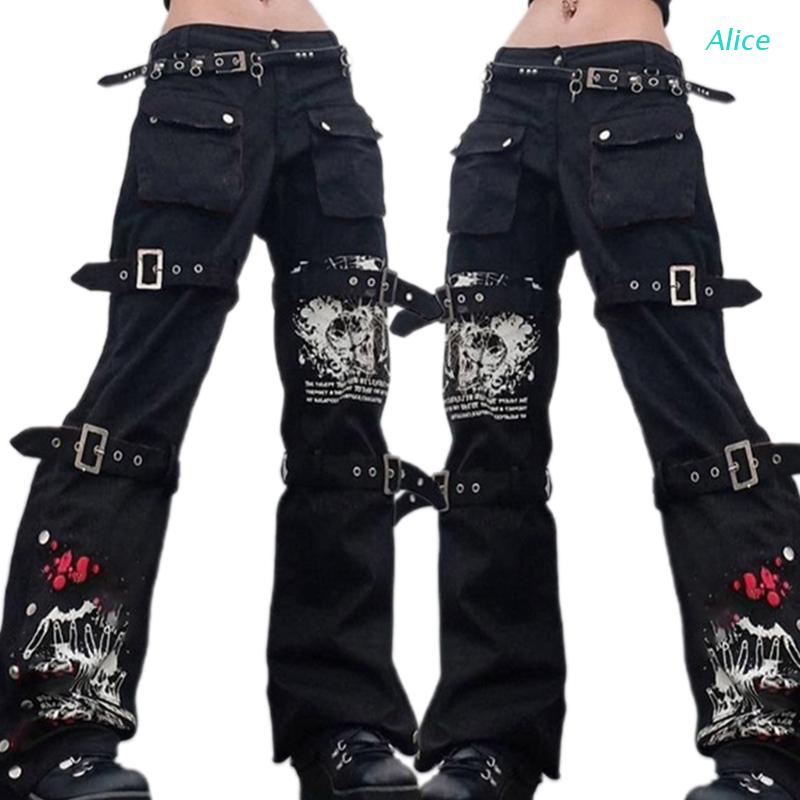 Ali* Women Goth Punk High Waist Jeans Harajuku Metal Buckle Belt Hip ...