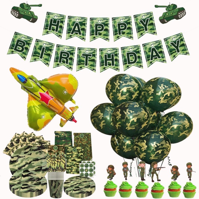 MS Camouflage Theme Decor For Boy Kids Happy Birthday Cake Topper Tank