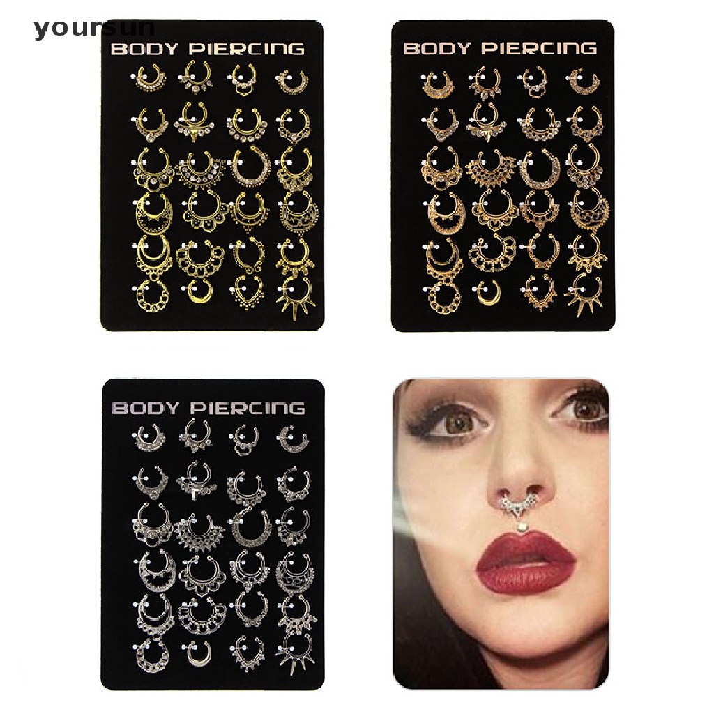yoursun 24pcs Fake Nose Rings Hoop Fake Lip Ear Nose Septum Ring Non