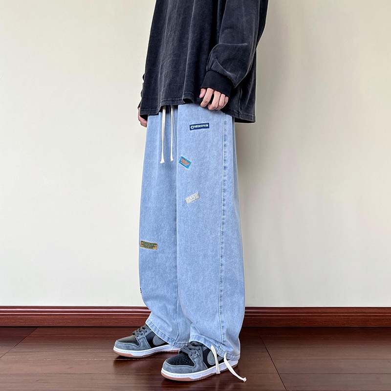 Inspection Advance Applicant Spodnie jeansowe z szerokimi nogawkami Męskie ins Casual Students Luźne  proste spodnie do kostek do kostek | Shopee Polska