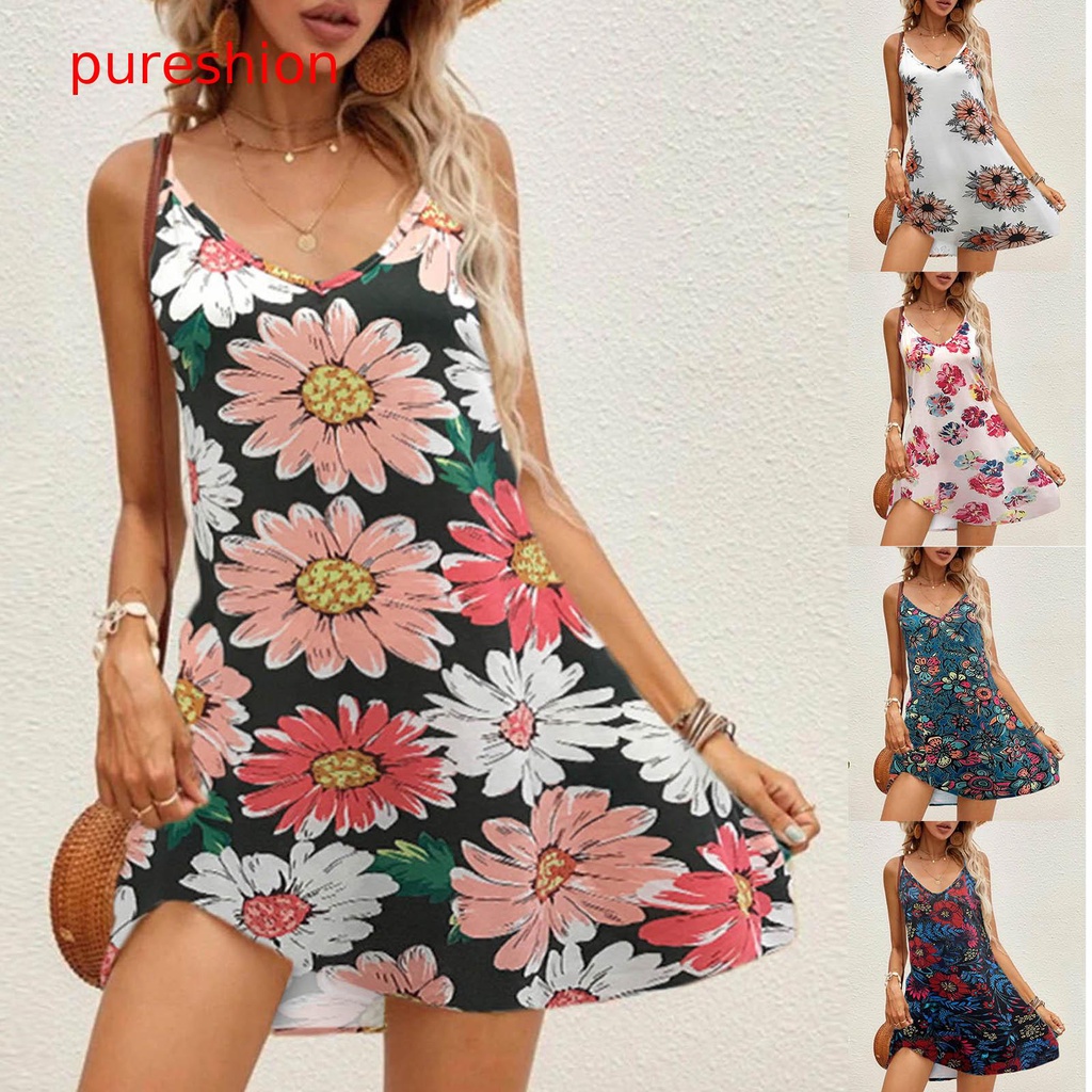 Pureshion @_ Letnie Sukienki dla Kobiet Seksowna Spaghetti Pasek Dekolt w  Serek Wysoka Talia Flowy Linia Casual Plaża Czeska Sukienka | Shopee Polska