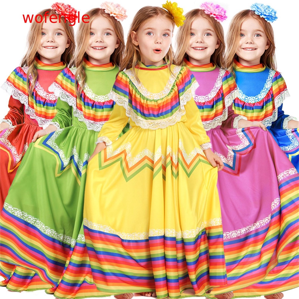 WFL】 Dzieci Dziecko Dziewczynki Meksykańska Tradycyjna Sukienka w Stylu  Narodowym z Długim Rękawem Sukienka Księżniczki z Nakryciem Głowy Kwiat |  Shopee Polska